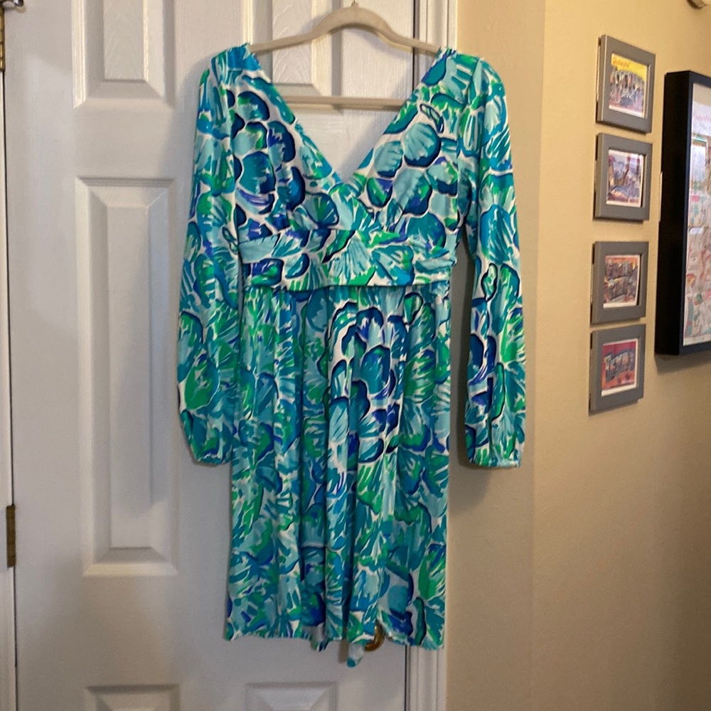 Gently Worn, Lily Pulitzer, Blue and Green Long Sleeve Faux Wrap Dress - Medium